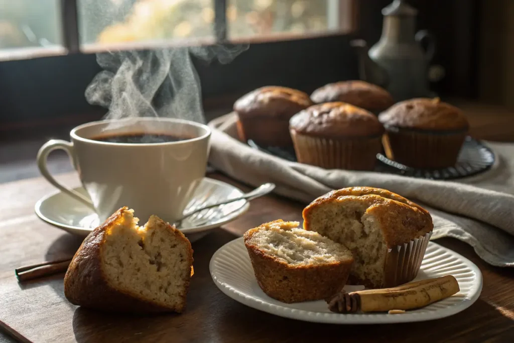 Warm cottage cheese banana muffins served with coffee
