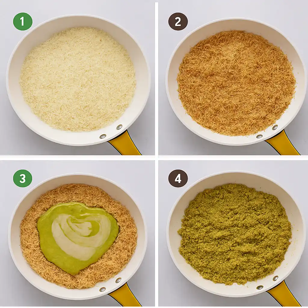 Step-by-step preparation of pistachio kataifi layer for strawberry Dubai chocolate dessert