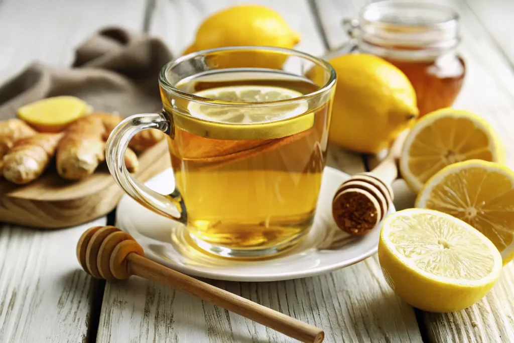 Homemade Mounjaro drink with lemon, honey, and ginger in a glass mug on a wooden table