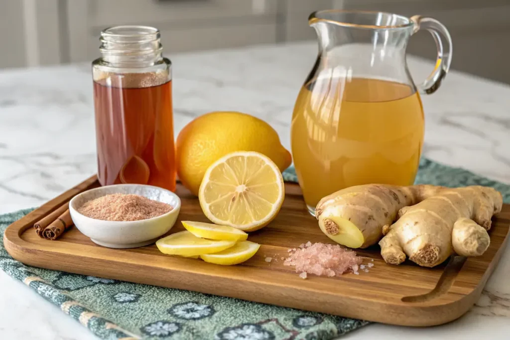 Homemade Mounjaro ingredients on a tray including ginger, lemon, apple cider vinegar, and pink Himalayan salt