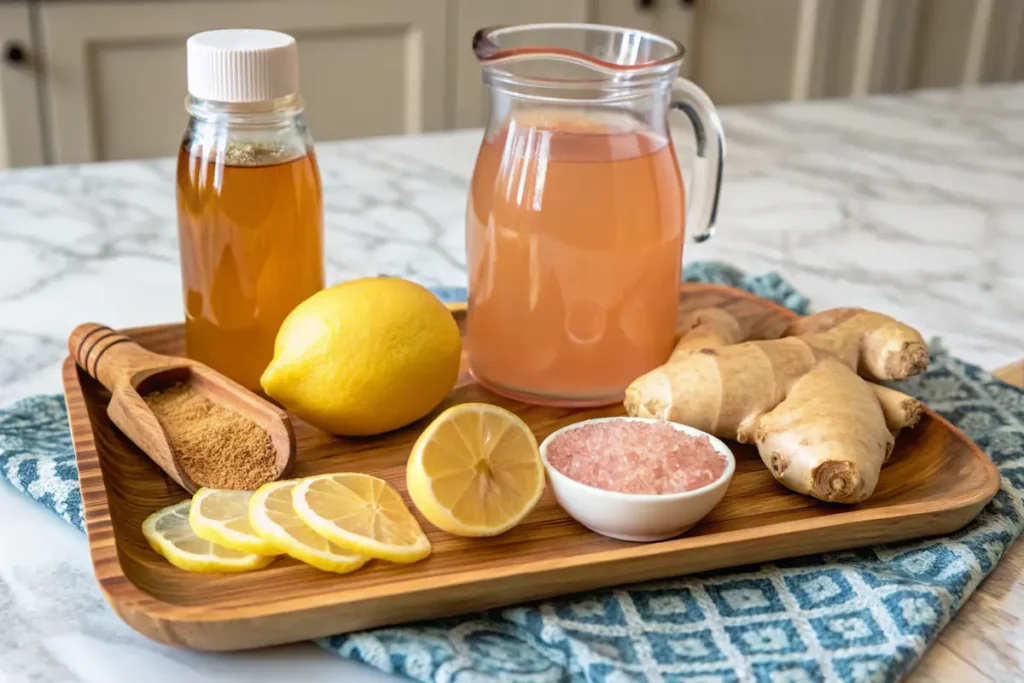 Mounjaro home recipe with apple cider vinegar, lemon, pink salt, and ginger on a wooden tray