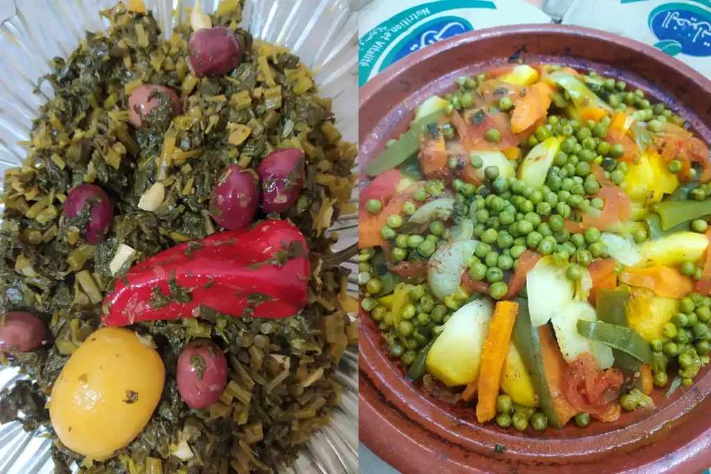 Two Moroccan vegetable dishes: choukchouka with olives and preserved lemon, and a vibrant vegetable tagine with green peas.