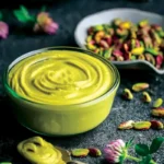Homemade pistachio cream in a glass bowl with a spoonful beside it, surrounded by raw pistachios and clover flowers on a dark surface.