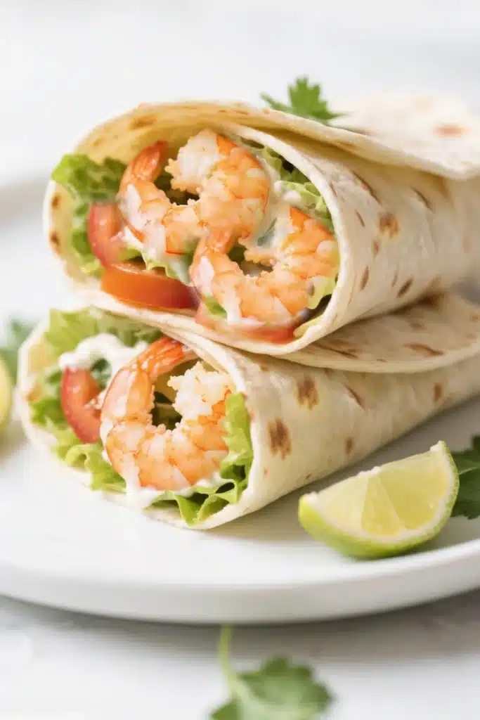 Close-up of a fresh shrimp wrap recipe with juicy shrimp, lettuce, tomato, and creamy sauce inside a tortilla, served with lime wedges on a white plate.