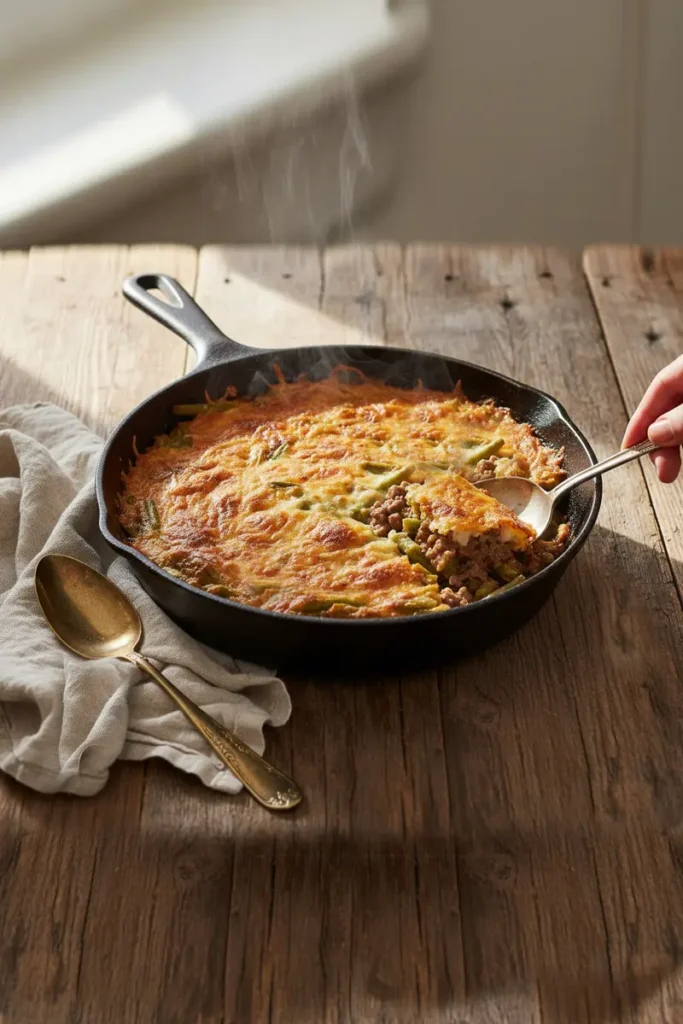 Steaming beef and green bean casserole in a black cast-iron skillet, golden cheese crust bubbling as a spoon lifts a savory portion, served on rustic wood with vintage spoons nearby.