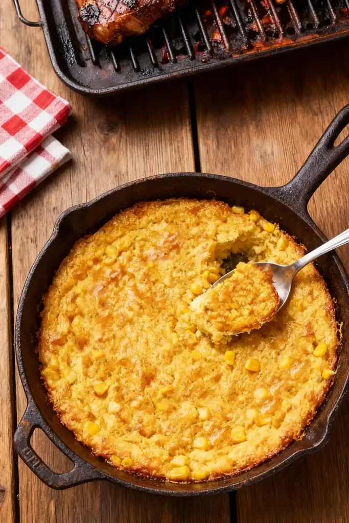 Corn Pudding City BBQ Recipe baked in a cast-iron skillet, showing golden crust and creamy corn filling, perfect for BBQ sides.