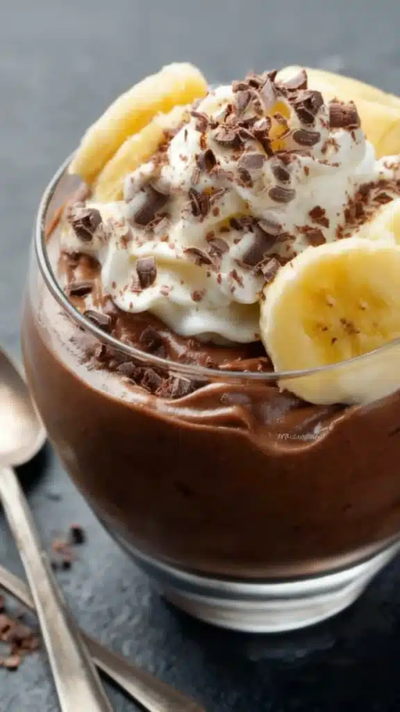 Chocolate mousse & gourmet banana dessert topped with whipped cream and chocolate shavings in a glass