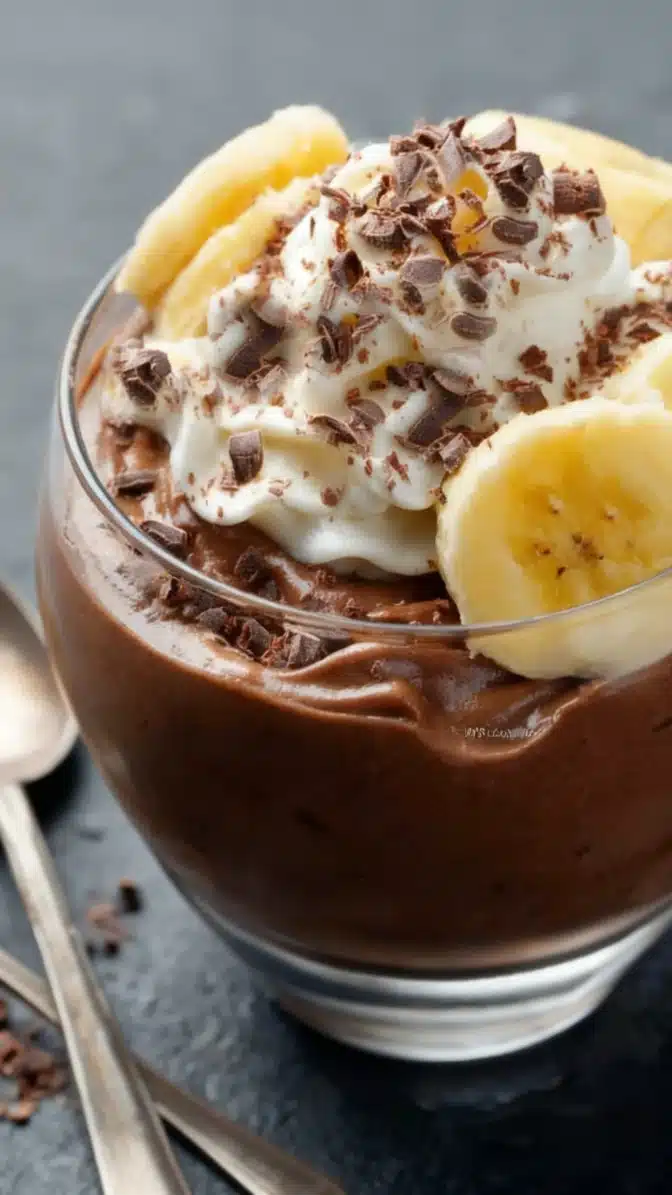 Chocolate mousse & gourmet banana dessert topped with whipped cream and chocolate shavings in a glass