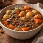crockpot pot roast with tender shredded beef, carrots, potatoes, and onions in rich broth