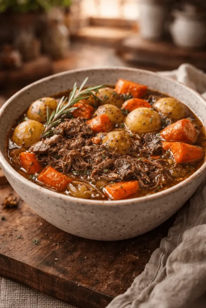 crockpot pot roast with tender shredded beef, carrots, potatoes, and onions in rich broth