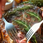 Lamb leg roast sliced to reveal tender, juicy meat with rosemary and garlic