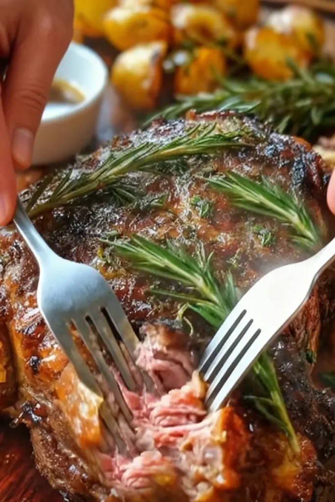 Lamb leg roast sliced to reveal tender, juicy meat with rosemary and garlic