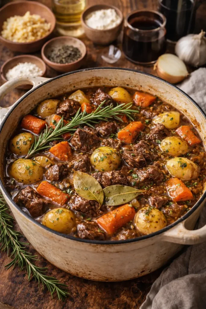 baked beef stew with tender beef and vegetables