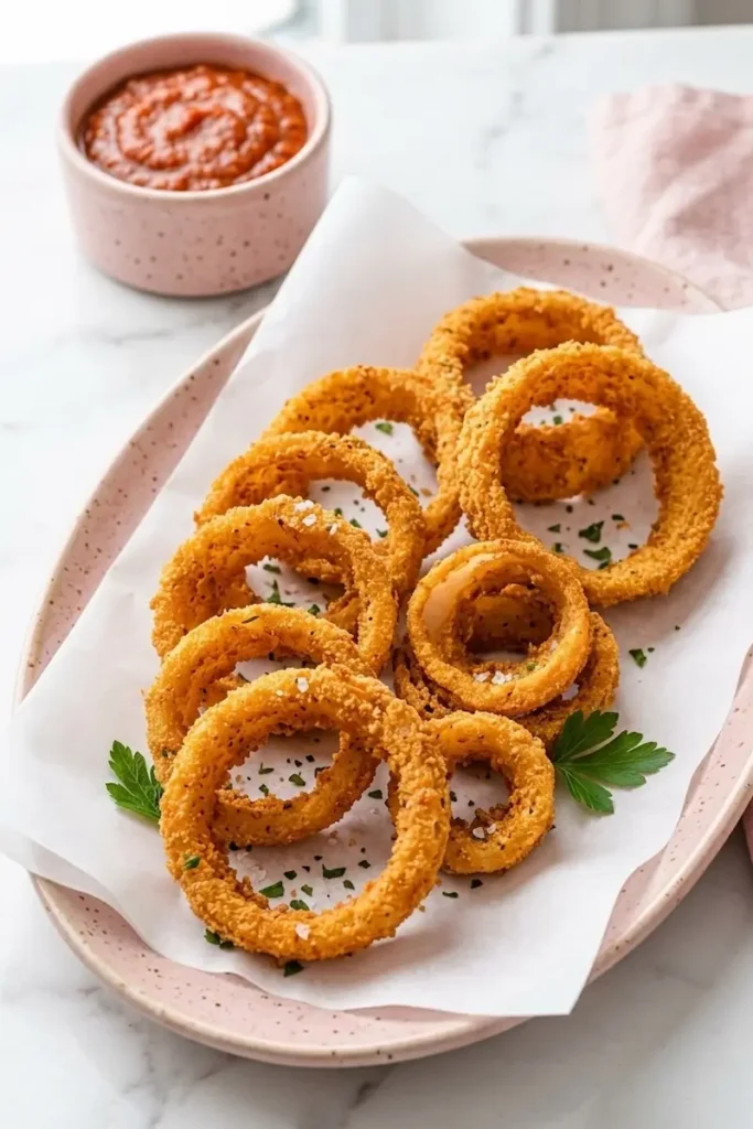 Crispy keto onion rings served on a pink speckled platter with parchment paper and a side of red dipping sauce, garnished with fresh parsley.