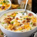 7-ingredient Creamy Potato Soup recipe topped with cheddar cheese, bacon, sour cream, and green onions in a white bowl