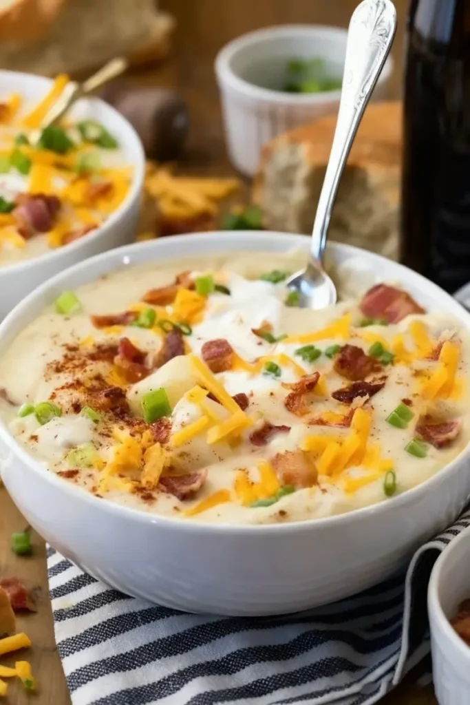 7-ingredient Creamy Potato Soup recipe topped with cheddar cheese, bacon, sour cream, and green onions in a white bowl