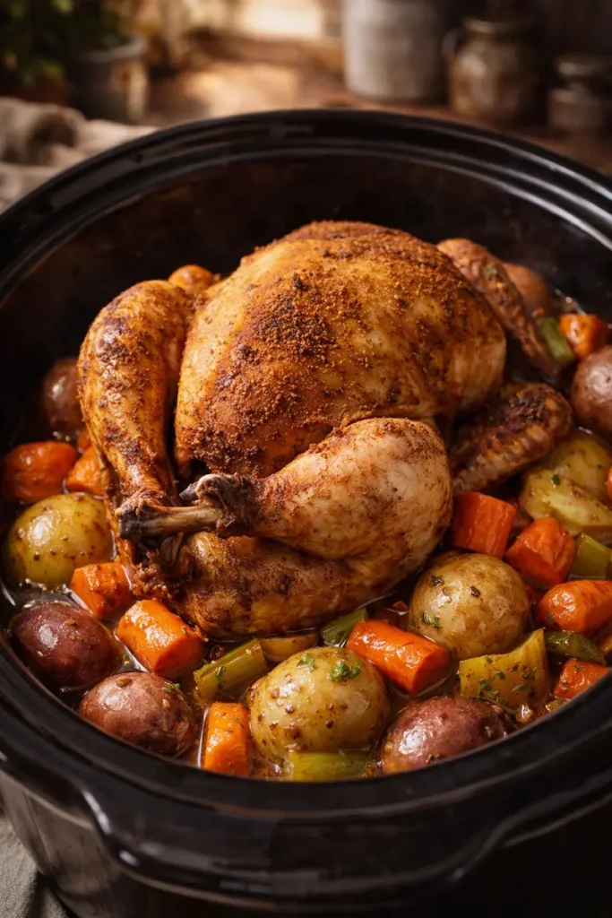 cooker whole roast chicken cooked in a slow cooker