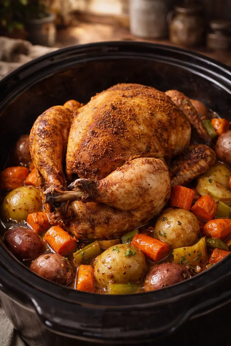 cooker whole roast chicken cooked in a slow cooker