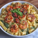 Feta pasta with shrimp and spinach in a creamy baked sauce