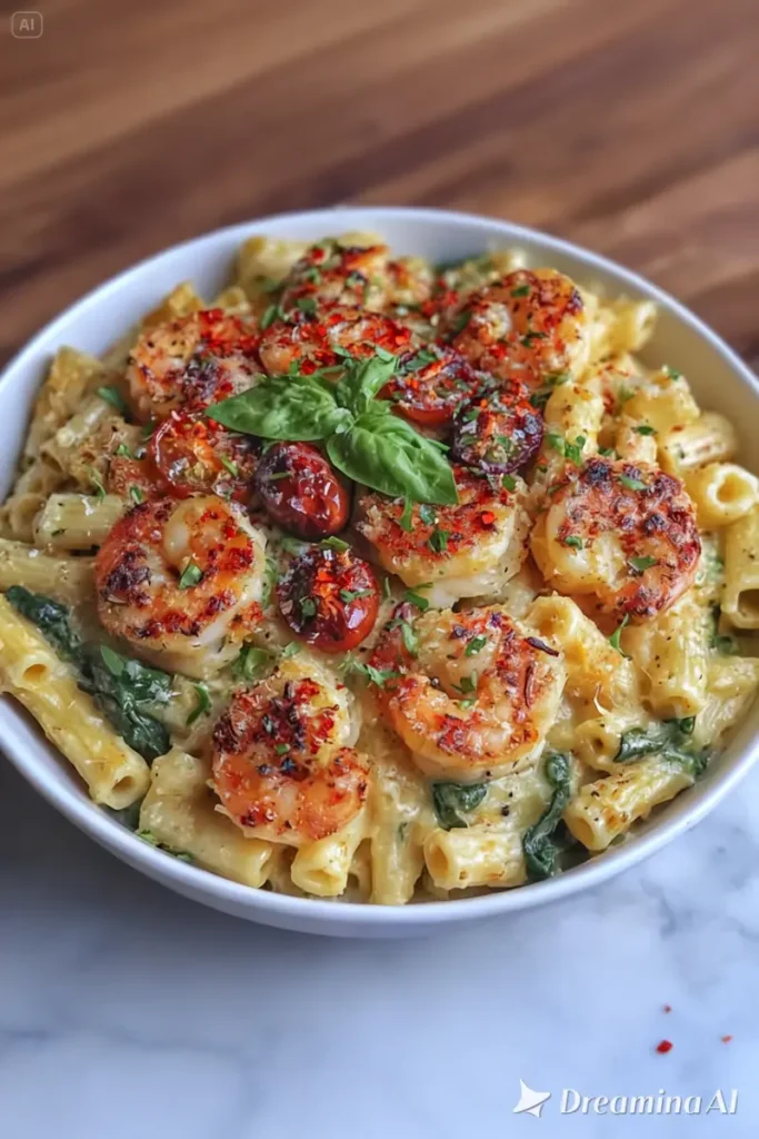 Feta pasta with shrimp and spinach in a creamy baked sauce