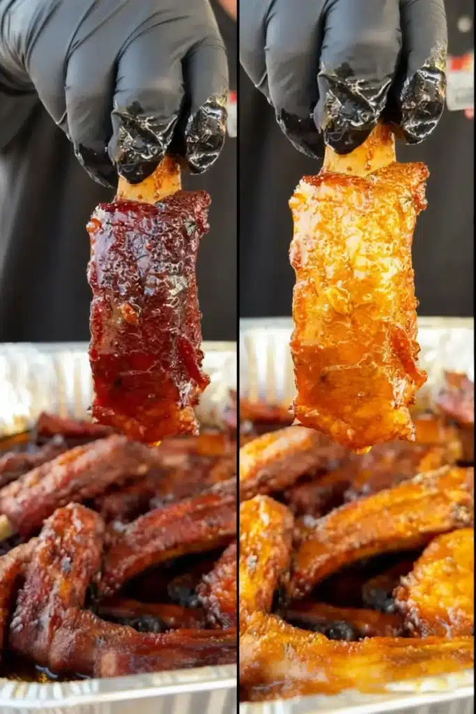 Cherry Cola Smoked Party Ribs with glossy caramelized glaze and sticky barbecue coating