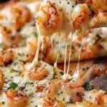 Creamy shrimp pizza with melted cheese and garlic seasoning
