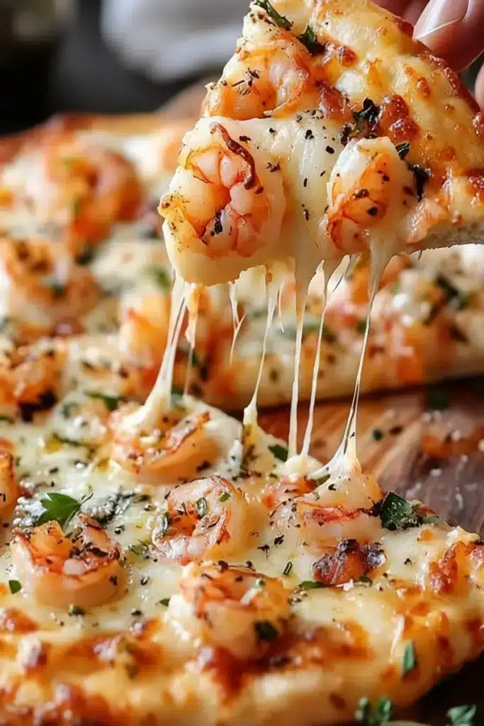 Creamy shrimp pizza with melted cheese and garlic seasoning