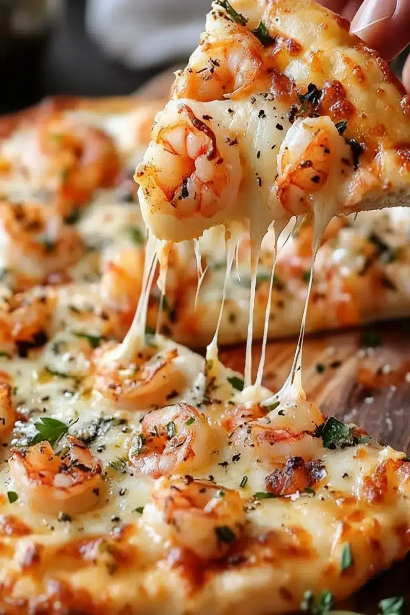 Creamy shrimp pizza with melted cheese and garlic seasoning