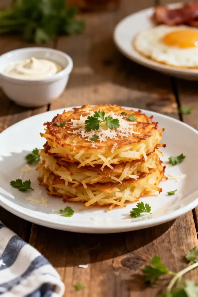 Crispy Parmesan hash browns with golden crust on white plate