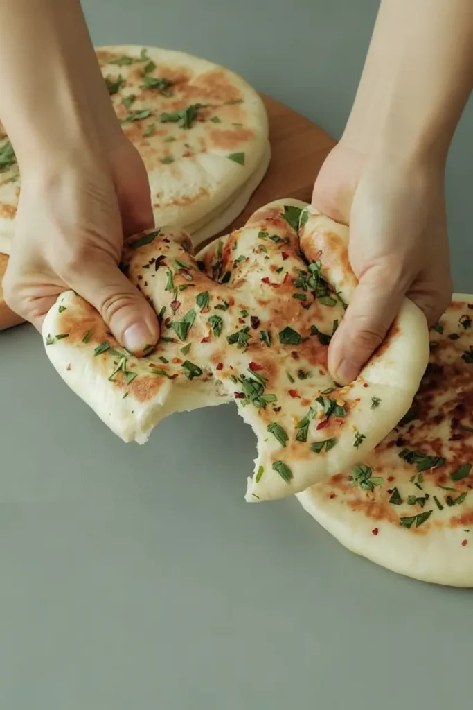 Garlic and butter flatbread being pulled apart to show soft, fluffy interior with herbs