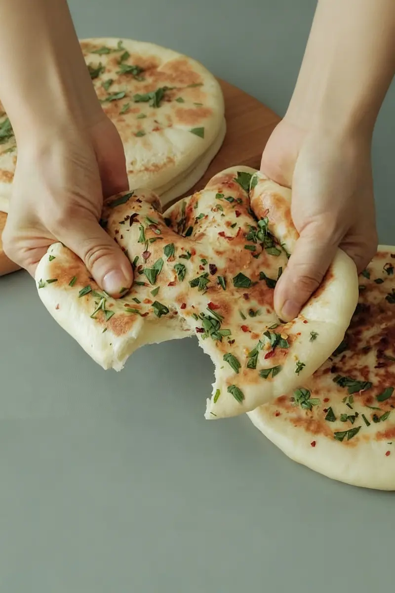 Garlic and butter flatbread being pulled apart to show soft, fluffy interior with herbs
