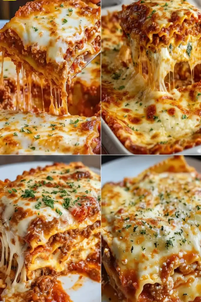 Million dollar lasagna with layers of meat sauce and melted cheese