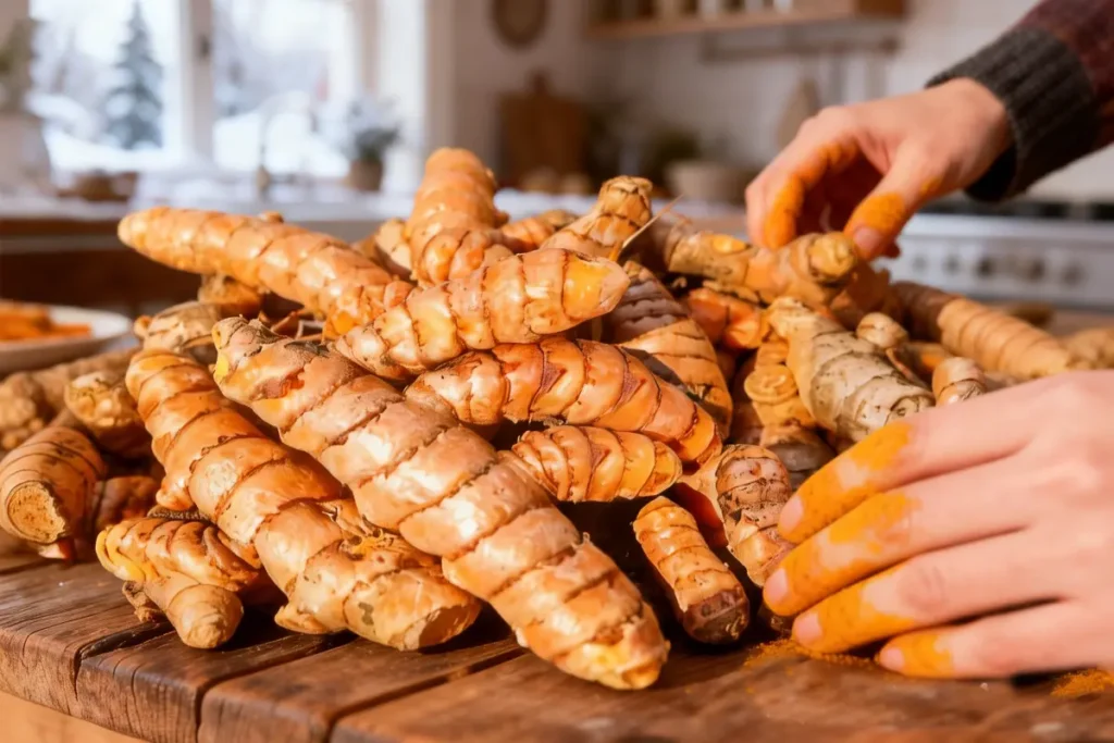Turmeric roots fresh from winter markets on a kitchen table