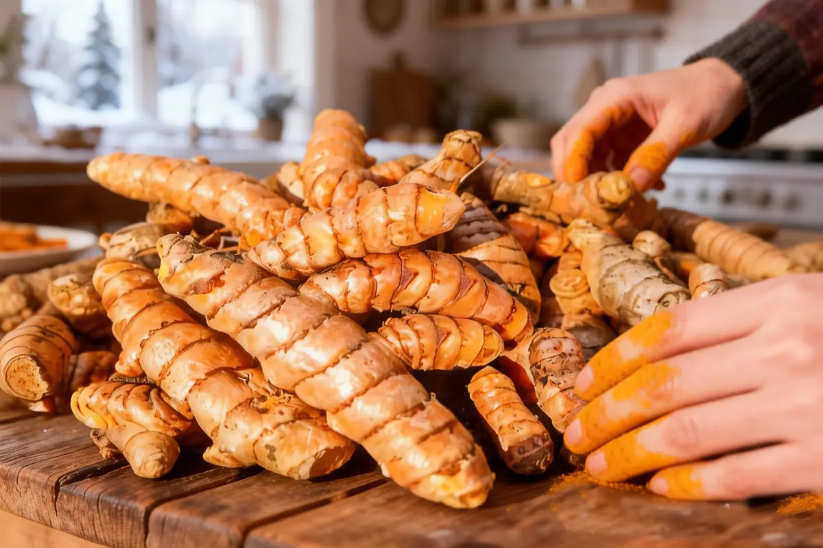 Turmeric roots fresh from winter markets on a kitchen table