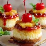 Mini pineapple upside-down cheesecake topped with caramelized pineapple and maraschino cherry