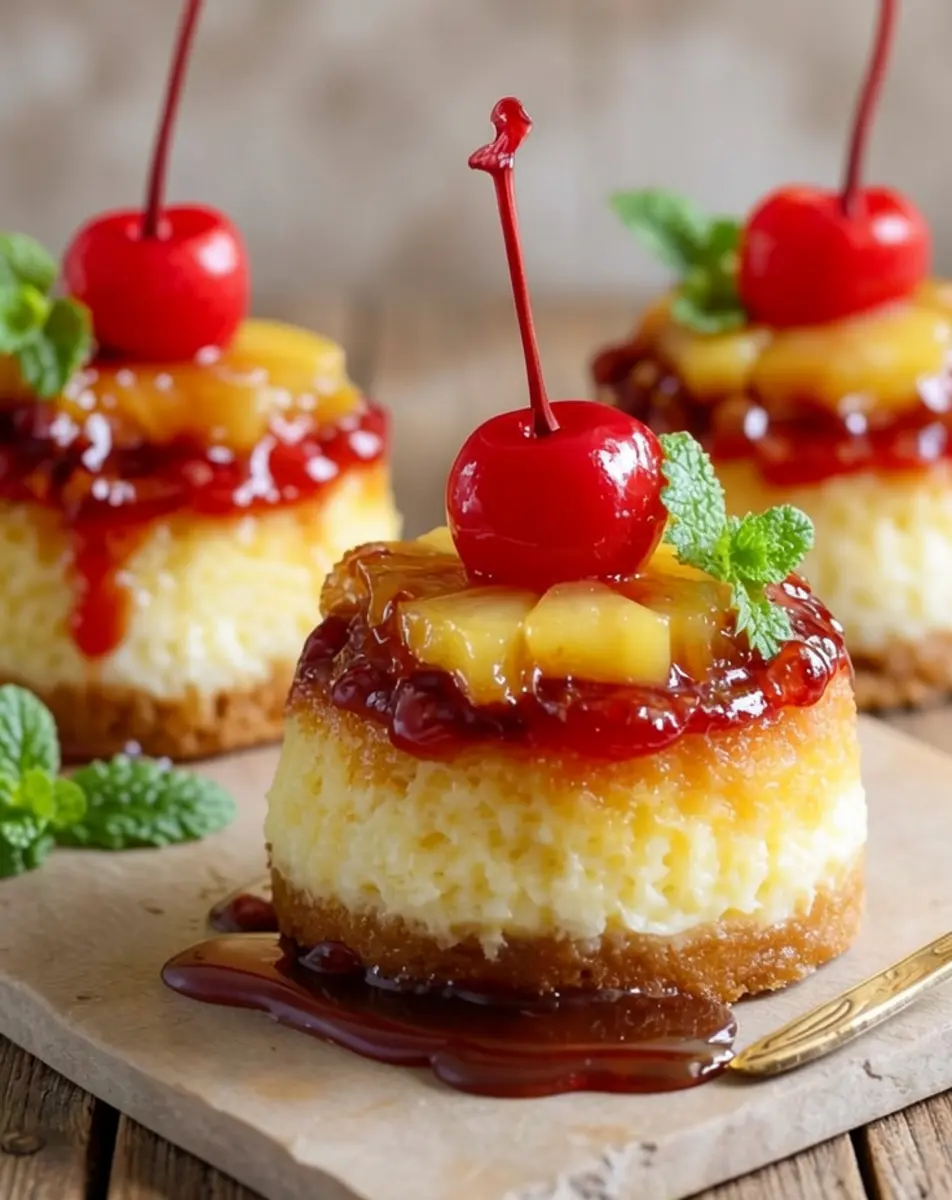 Mini pineapple upside-down cheesecake topped with caramelized pineapple and maraschino cherry