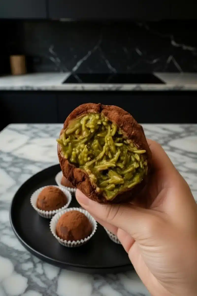 Chewy Dubai chocolate cookie with a gooey pistachio filling, held in hand and shown as a close-up hero image.