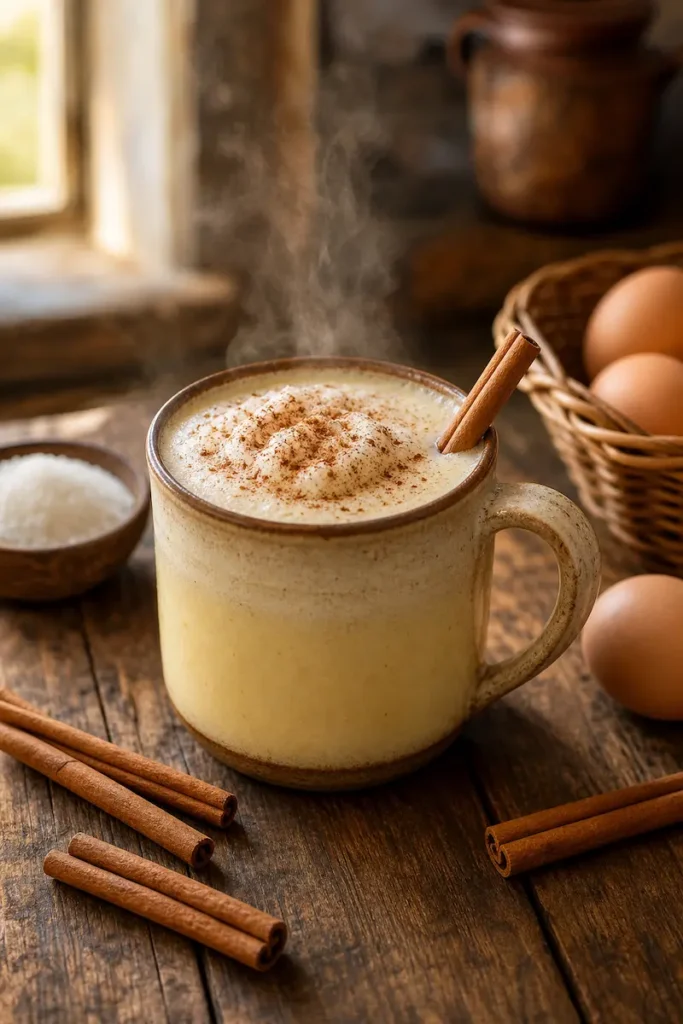 Gemada tradicional brasileira em caneca de cerâmica com canela polvilhada, bebida quente caseira com gema de ovo e leite.