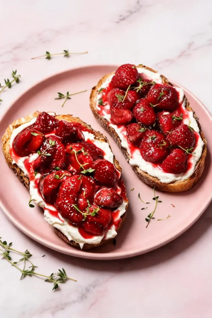 Roasted strawberry whipped ricotta toast on pink plate with fresh thyme: jammy honey-roasted berries over creamy ricotta on crispy sourdough bread.