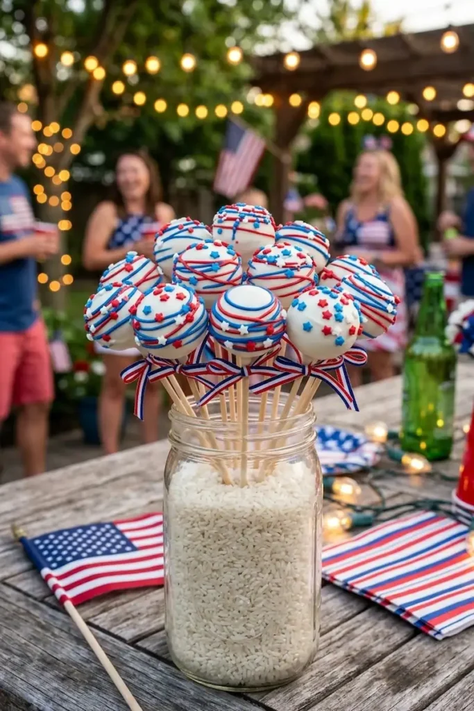 A festive stand of red white and blue 4th of july cake pops decorated with star sprinkles and patriotic drizzles.