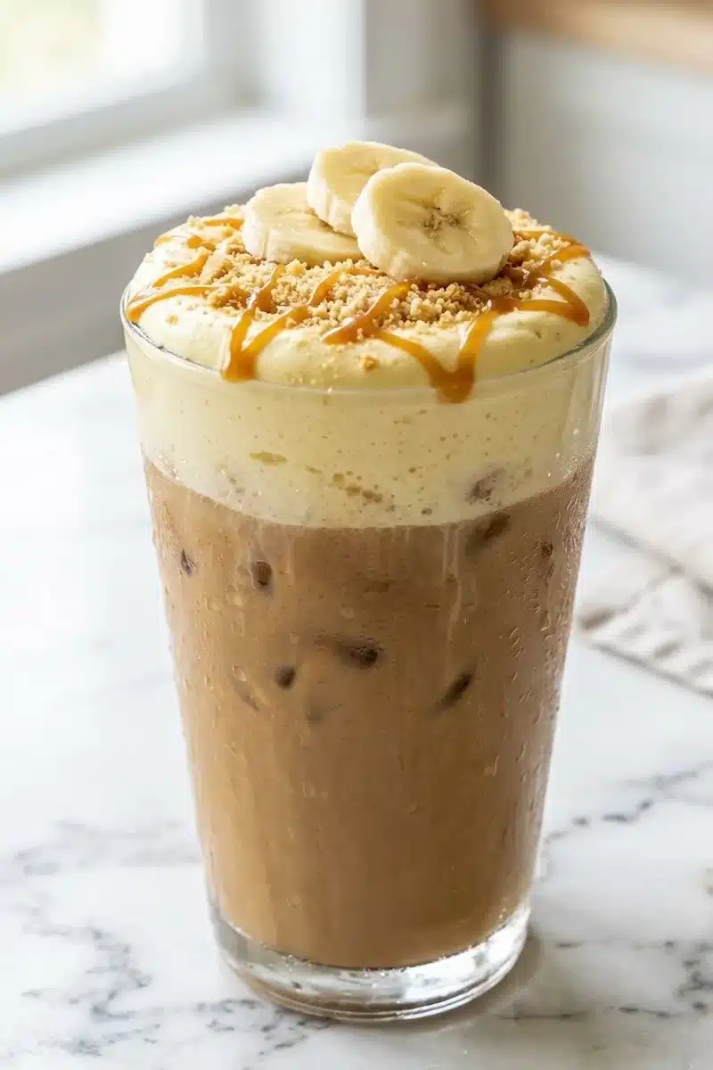 Tall glass of iced coffee topped with thick banana pudding cold foam, caramel drizzle, crushed vanilla wafers, and fresh banana slices.