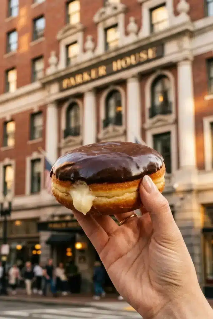 Hand holding a chocolate frosted Boston cream donut with custard filling in front of the historic Parker House Hotel in Boston.