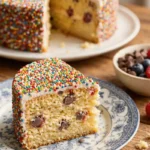 Dot cake recipe: homemade vanilla cake with chocolate chips and berries inside, covered in rainbow sprinkles.