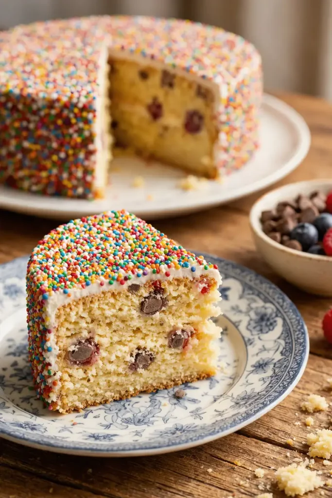 Dot cake recipe: homemade vanilla cake with chocolate chips and berries inside, covered in rainbow sprinkles.