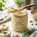 A glass jar featuring a homemade miyoko's vegan butter recipe, showing creamy cultured cashew butter with a wooden spreader, surrounded by raw cashews and a small bowl of oil on a marble countertop.