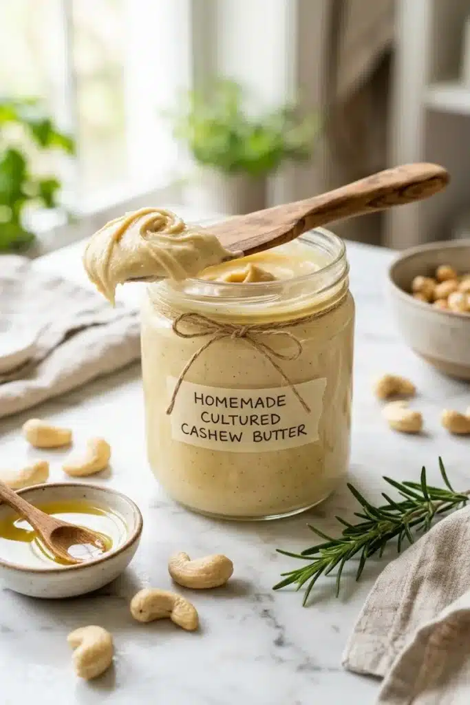 A glass jar featuring a homemade miyoko's vegan butter recipe, showing creamy cultured cashew butter with a wooden spreader, surrounded by raw cashews and a small bowl of oil on a marble countertop.