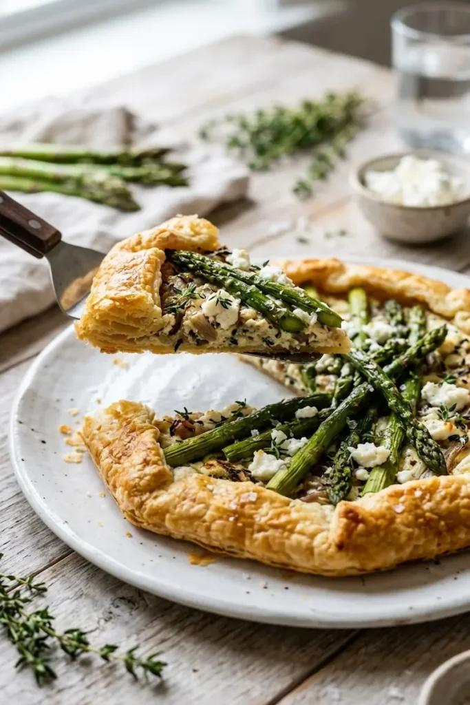 A slice of rustic asparagus galette with golden puff pastry, roasted green asparagus, and crumbled cheese is being lifted from a white plate.