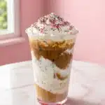 Dot cake drink recipe: viral rainbow layered milk drink with espresso, vanilla cream, whipped topping, and rainbow sprinkles in clear cup