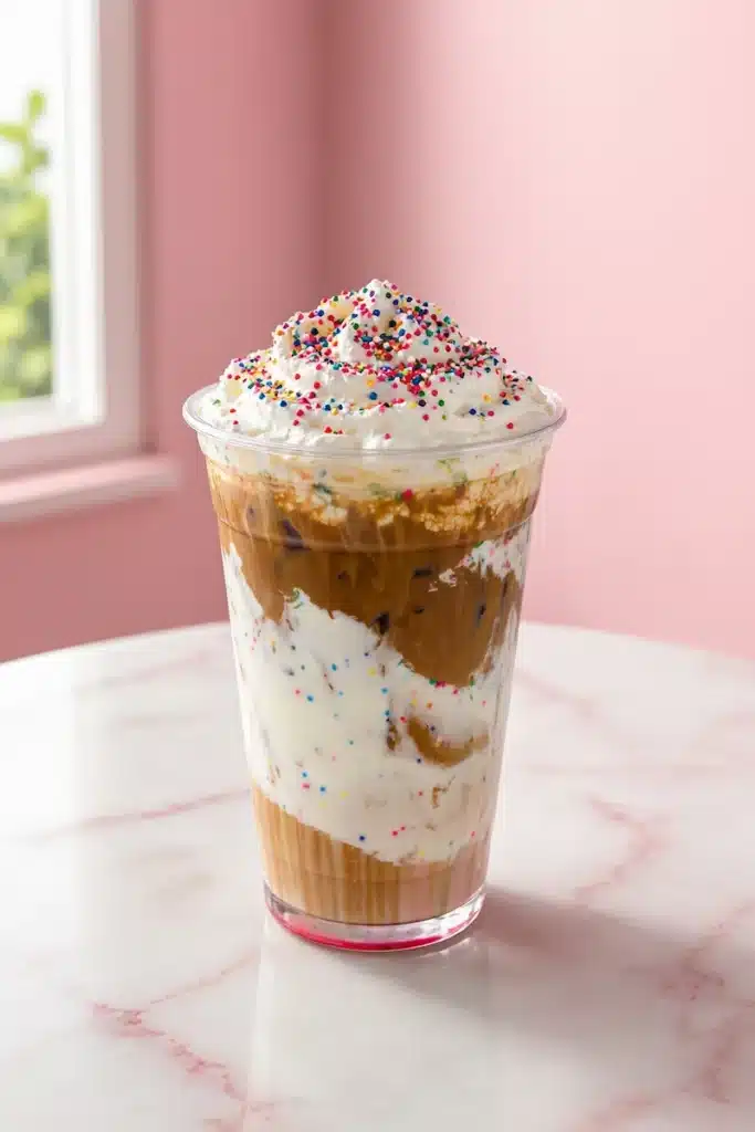 Dot cake drink recipe: viral rainbow layered milk drink with espresso, vanilla cream, whipped topping, and rainbow sprinkles in clear cup