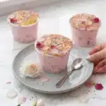 Viral dot cake: TikTok's trending sprinkle-covered mini cakes in pink unicorn cups with rainbow nonpareils and rose petals on marble.